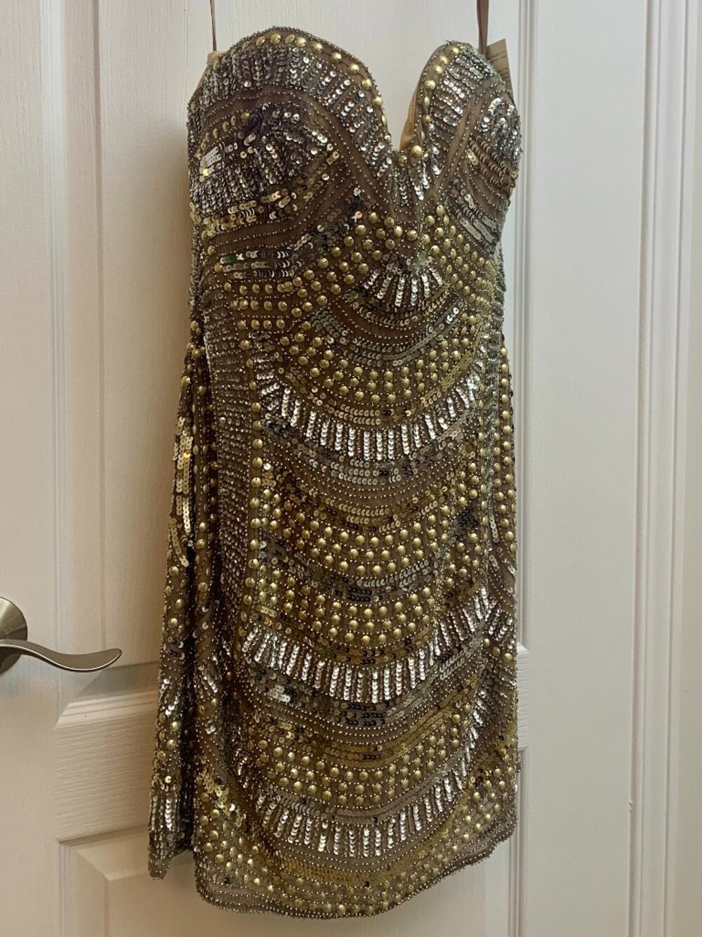 Scala Silk Beaded Strapless Mini Dress Size 8 Gold Sequin